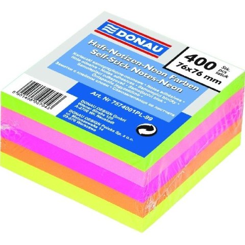 BLOCZEK DONAU NEON W KOSTCE 76 X 76 MM MIX KOLORÓW NEONOWYCH 400 KARTEK SAMOPRZYLEPNY