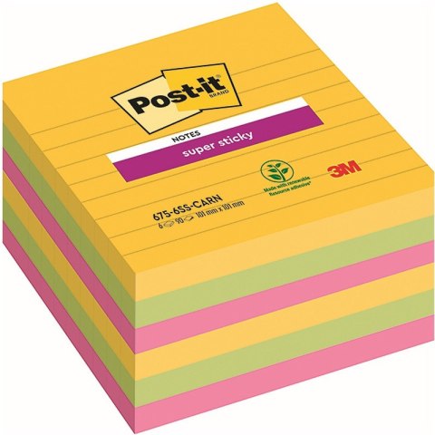 Karteczki Post-it Super Sticky 101x101mm (657-6SS-CARN) w linie (6x90)