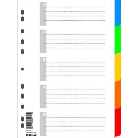 PRZEKŁADKI PLASTIKOWE 5 KARTEK DONAU PP A4 KOLOROWE EKOLOGICZNE