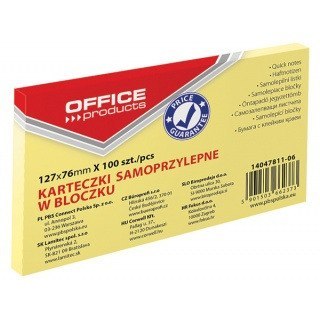 KARTECZKI OFFICE PRODUCTS 76 X 127 MM ŻÓŁTE (100)